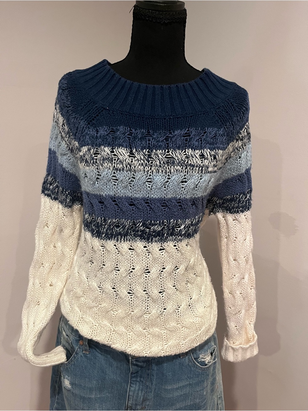 Chaps Blue and White Ivory Striped Crewneck Sweater